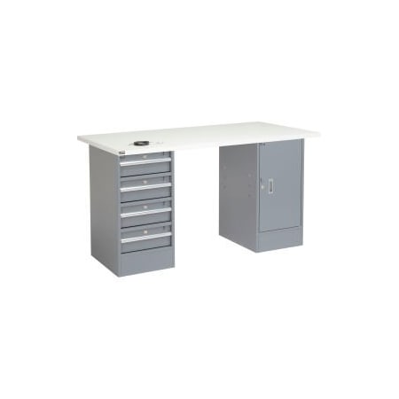Global Equipment 96x30 Pedestal Workbench, 4 Drawers   Cabinet, ESD Laminate Square Edge Gray 318874